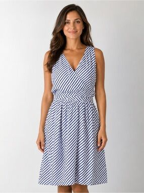 Ann Taylor LOFT Striped Wrap Dress Blue White Chiffon Belted Nautical size 4